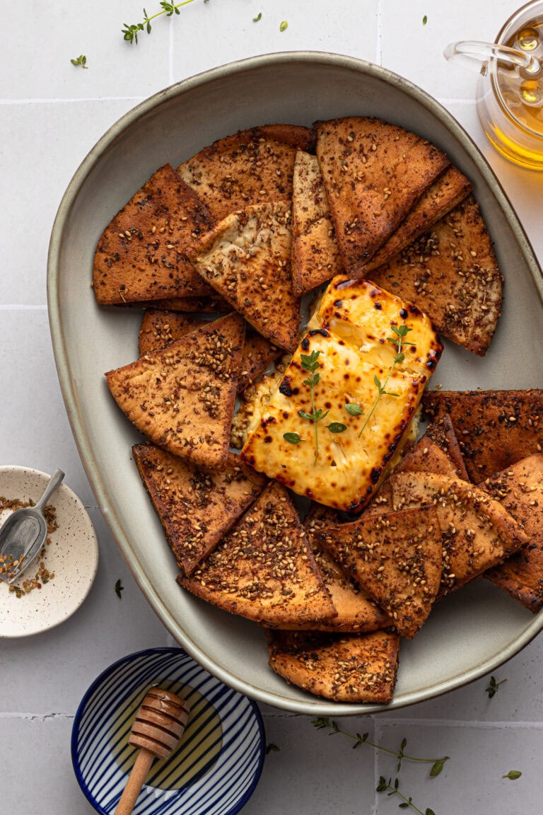 Roasted Hot Honey Feta with Za’atar Pita Chips