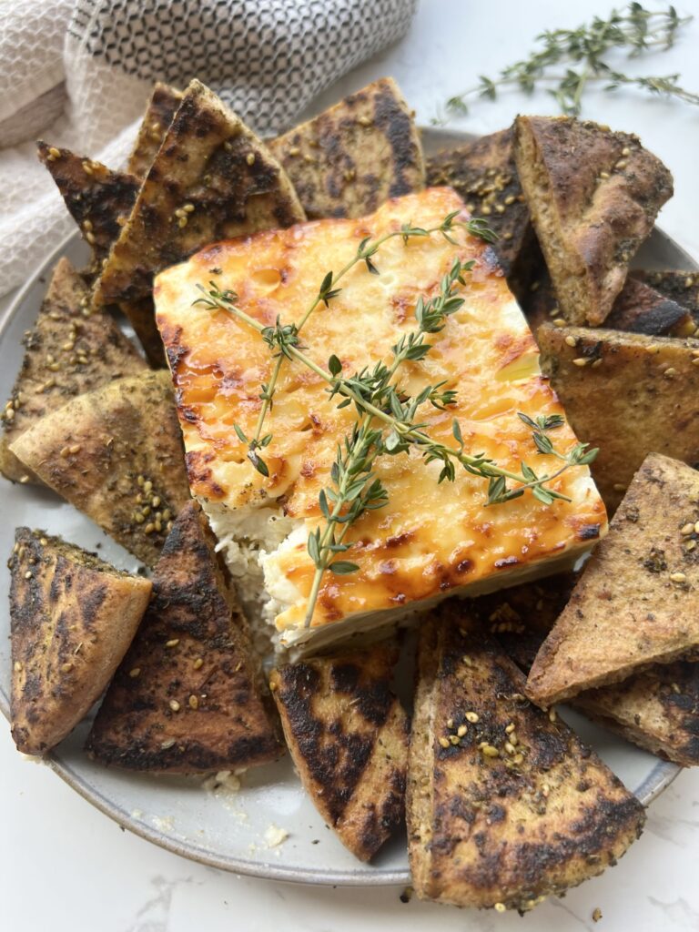 Roasted Hot Honey Feta with Za’atar Pita Chips