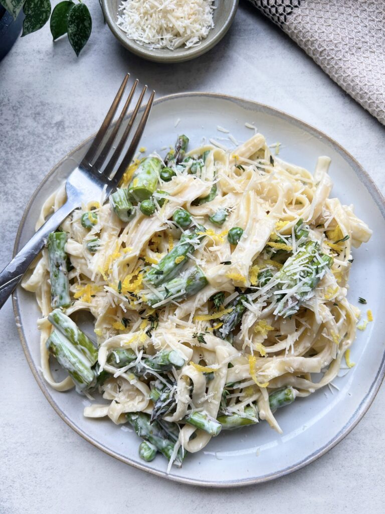 Fettuccine Alfredo with Spring Peas and Asparagus