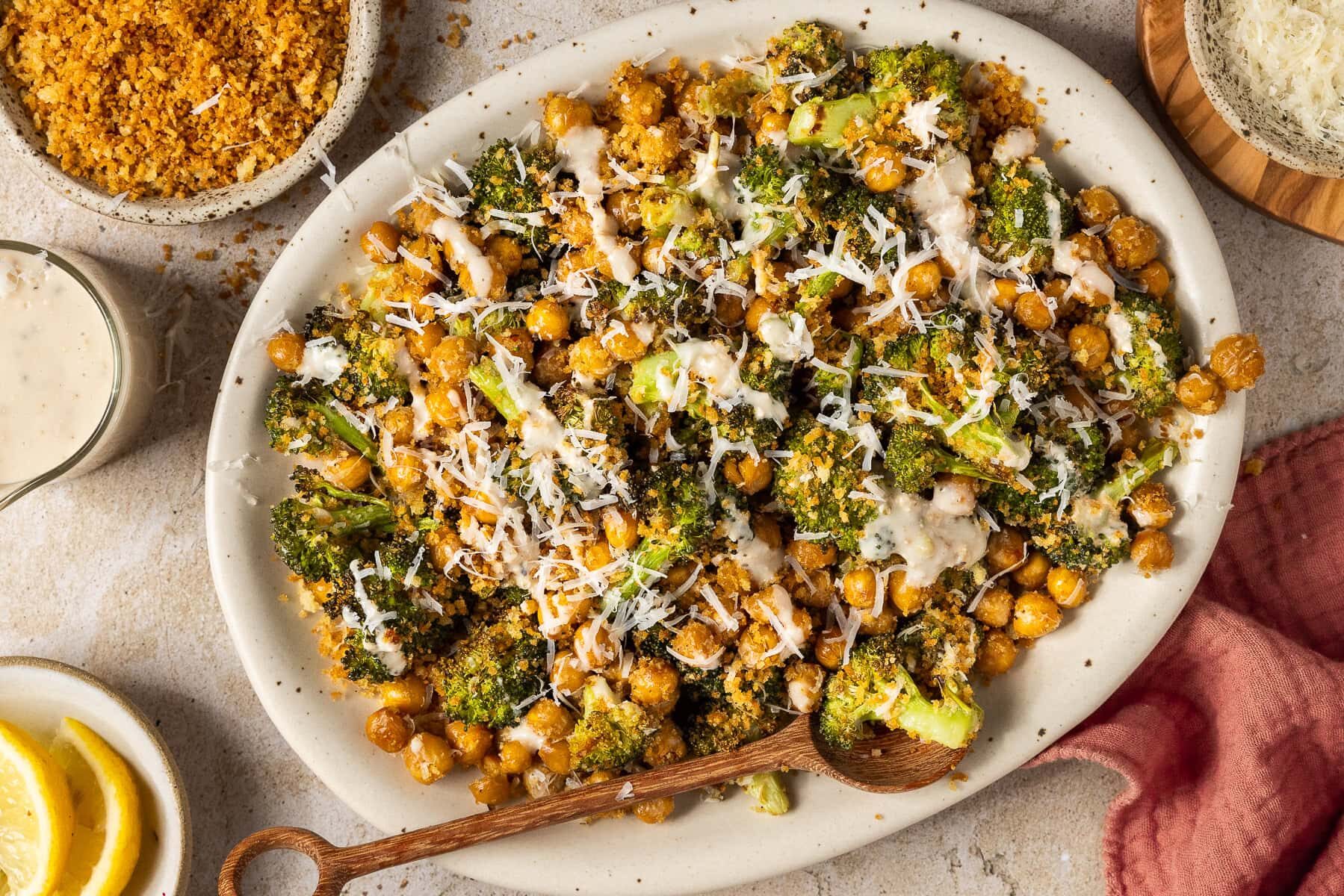 Broccoli Caesar Salad with Crispy Chickpeas and Toasted Breadcrumbs