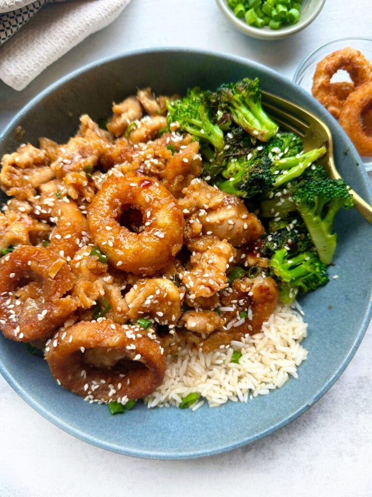 General Tso’s Chicken with Crispy Onion Rings