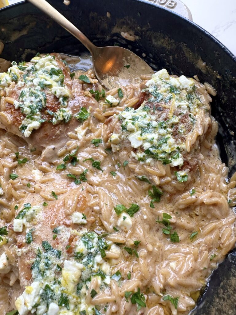 Creamy Orzo and Chicken Thighs with Lemon Feta Gremolata