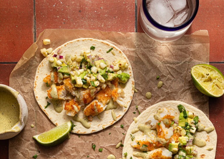 Fish Tacos with Avocado & Charred Corn Salad