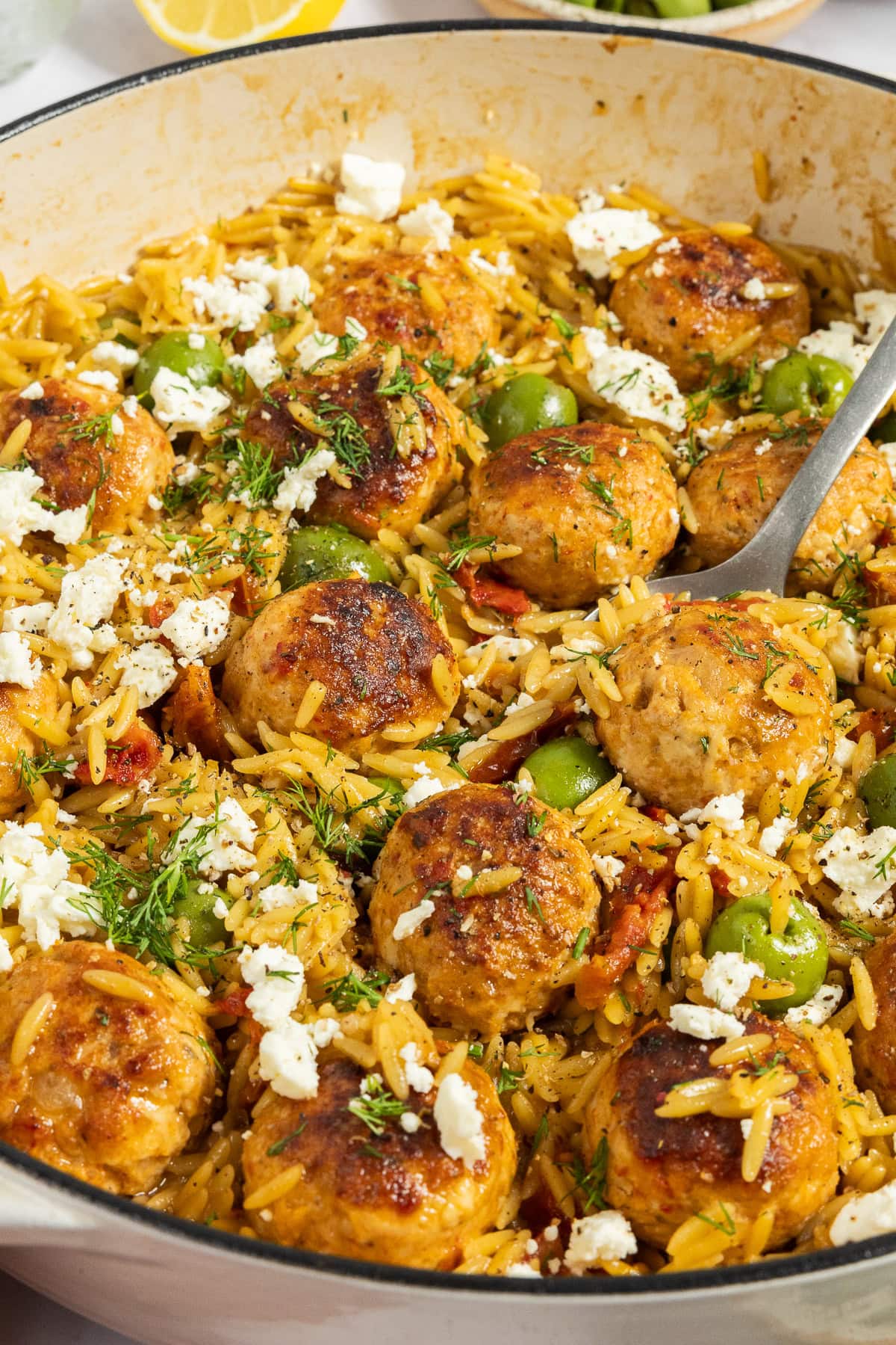 One Pan Mediterranean Chicken Meatballs and Orzo